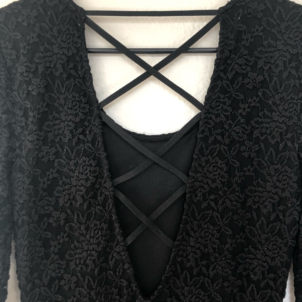 Crisscross Low Back Long Sleeve Black Lace Dress